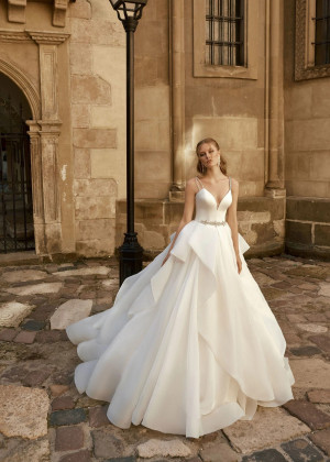 Beaded Straps Ivory Satin Organza Ruffled Modern Wedding Dress
